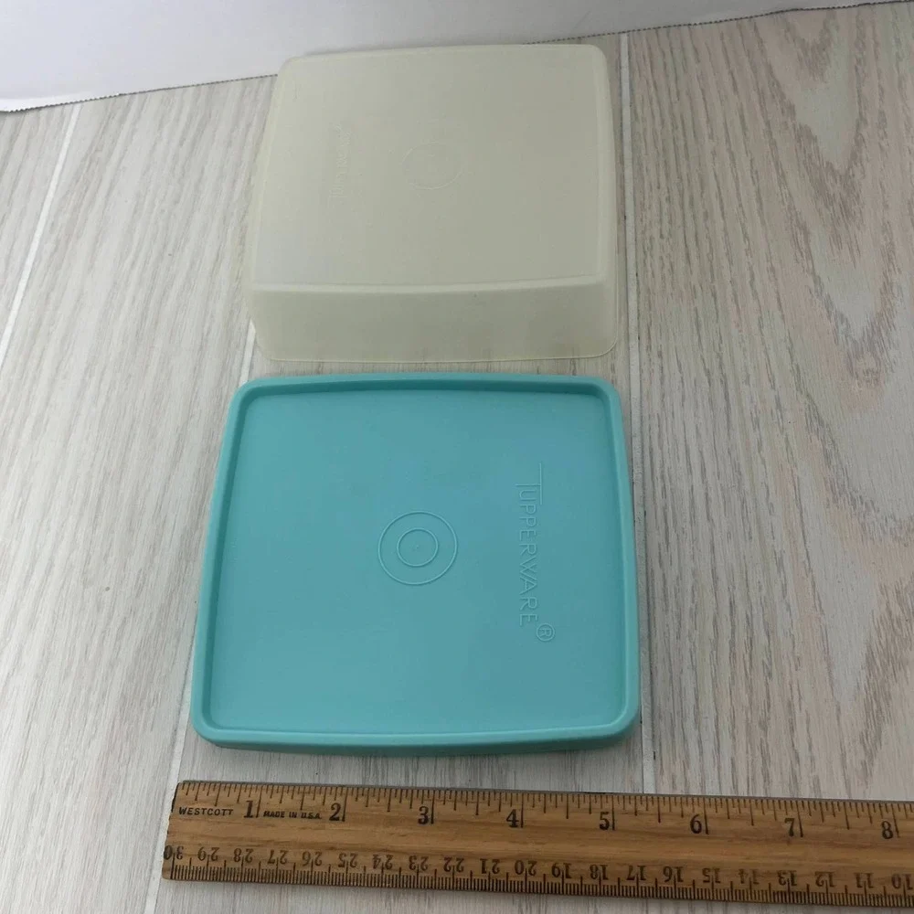 Tupperware Vintage 2 Square A Way Containers Set Clear Teal Gray Lids 670 671